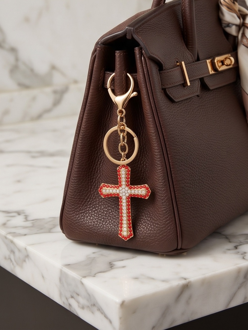 Brown Leather Tote with Red Crystal Cross Charm